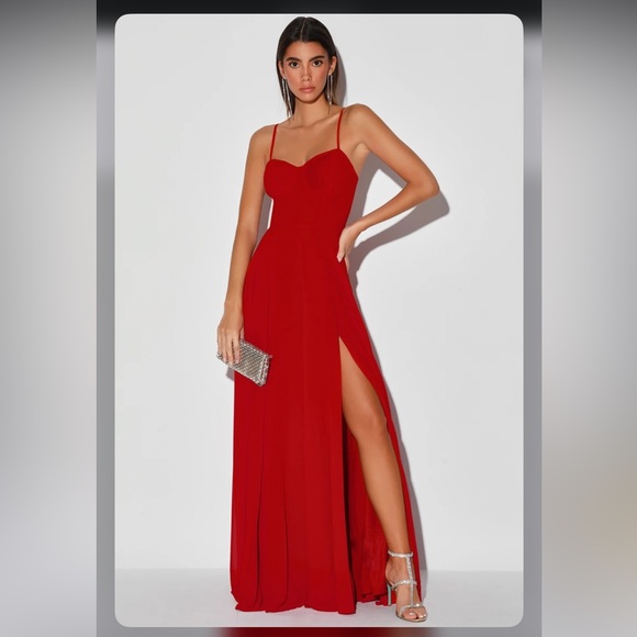 NWT - XS - Lulu’s Cause for Commotion Red Pleated Bustier Maxi Dress - Picture 5 of 7